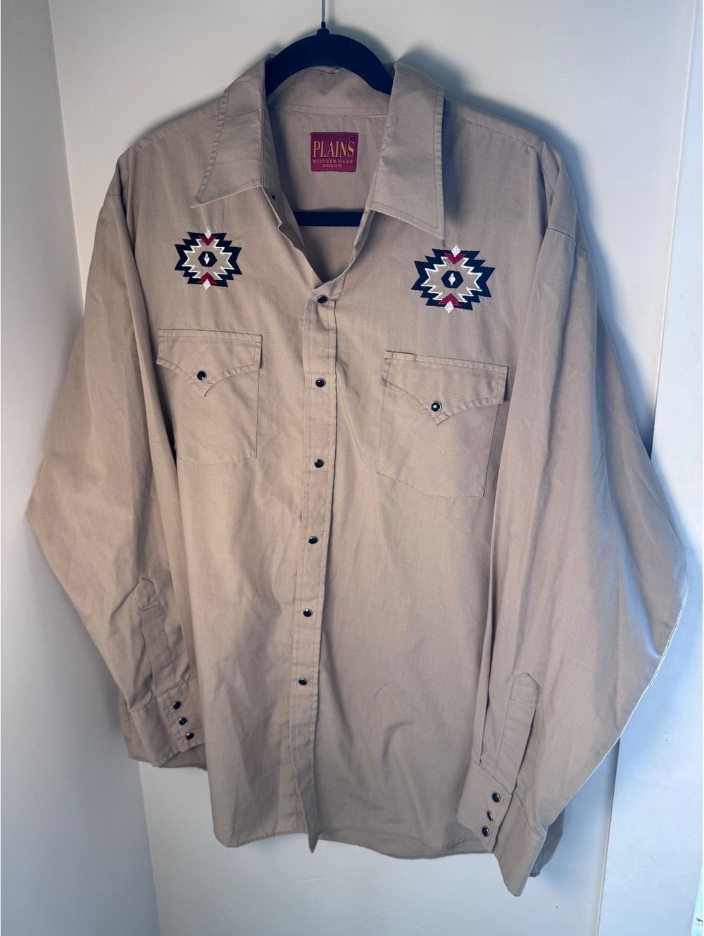 Plains Western Wear Men’s 3XL Tan Pearl Snap Shirt Southwestern Embroidered